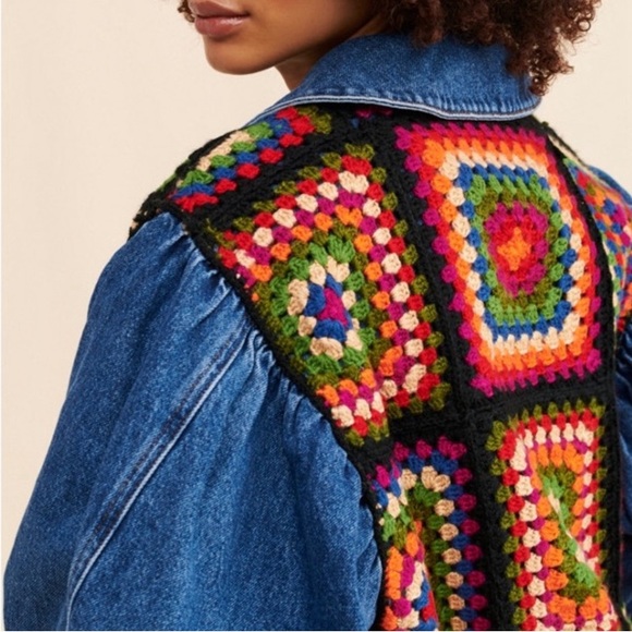 NWT Farm Rio Oversized Granny Square Crochet Denim Jacket - Picture 3 of 7